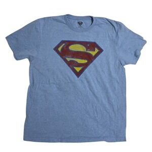 Superman DC Comics Graphic T-Shirt Mens Large Blue Distressed Shield Logo Tee‎